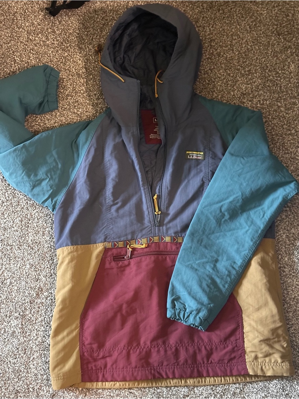 L.L. Bean Colorblocked Hooded Pullover - Teal, Slate Blue, Maroon, Tan